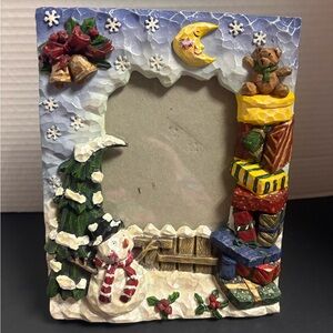 Festive Holiday / Christmas Picture Frame with Snowman and Gifts, EUC